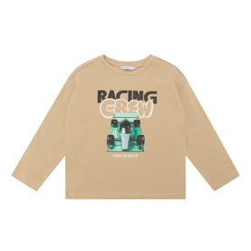 Mayoral hazelnut long-sleeve cotton T-shirt with Racing Crew slogan and green Formula 1 car graphic print