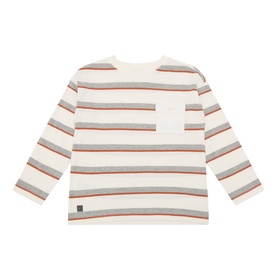 Mayoral cream long-sleeve striped cotton T-shirt with chest pocket, featuring multicolour horizontal stripes in red, grey and white