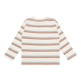 Mayoral cream long-sleeve T-shirt back view, multicolour stripe pattern in grey, red and white, 100% cotton