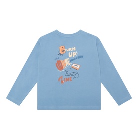 Mayoral Rain blue long-sleeve cotton T-shirt with "Turn Up Party Time" graphic print featuring guitar and music cassette motifs