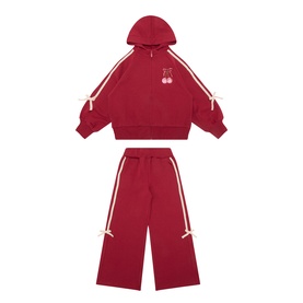 Mayoral cherry red children's tracksuit set with zip hoodie and wide-leg joggers, cream stripe and bow trim, cherry embroidery detail