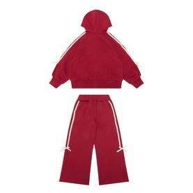 Mayoral cherry red children's tracksuit set with cream stripe trim, hooded zip-up top and wide-leg trousers, flat lay view