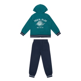 Mayoral lake green and navy tracksuit set with hooded zip-up jacket reading Train Play and jogger trousers, laid flat