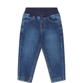 Mayoral Soft Drawstring Denim Sweatpants in dark blue with navy elasticated waist, drawstring, and cuffed ankles