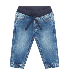 Mayoral baby medium wash denim jogger trousers with navy ribbed waistband, drawstring tie, and elasticated cuffs