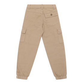 Mayoral Structured Cargo Trousers in dark beige, back view showing cargo pockets, button fastening, and elasticated cuffs