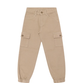 Mayoral Structured Cargo Trousers in sand, with cargo pockets, belt loops, button fastening, and elasticated cuffs. Children's.