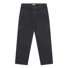 Mayoral Structured Cargo Trousers in navy with cargo side pocket, belt loops, and concealed button placket, flat lay view
