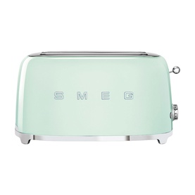 Smeg 4 Slice Long Slot Toaster in pastel green with chrome accents and embossed SMEG lettering on front panel.