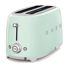 Smeg 4 Slice Long Slot Toaster in pastel green with chrome accents and retro embossed logo, two wide slots visible from above.