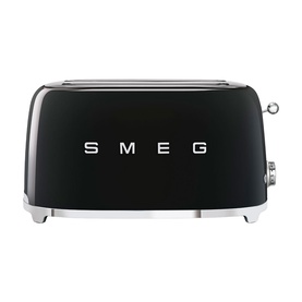 Smeg 4 Slice Long Slot Toaster in black with retro chrome base, embossed SMEG lettering, and side control dial.