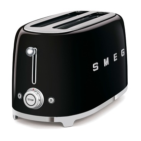 Smeg 4 Slice Long Slot Toaster in black with chrome accents, retro curved design, and SMEG lettering on side.