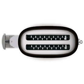 Smeg 4 Slice Long Slot Toaster in black, overhead view showing dual long slots and retro-style chrome side knob detail.