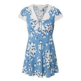 Rixo London Bouquet Blue floral mini dress with white lace collar, cap sleeves, tie neck detail and A-line skirt