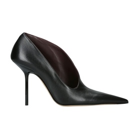 Victoria Beckham Sloan Sculptural Pump 100 Courts in black leather with deep V-cut vamp, pointed toe, and slim stiletto heel