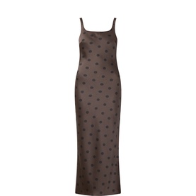 Samsoe & Samsoe midi dress in Mulch Dott, sleeveless with square neckline, polka dot pattern, fitted silhouette