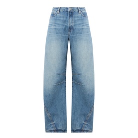 Samsoe & Samsoe jeans in sephia blue, wide-leg barrel fit, faded wash, zip hem detail, five-pocket styling