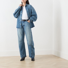 Model wearing Samsoe & Samsoe Sephia Blue straight-leg jeans with a denim jacket, white tee and black boots.