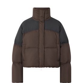 Samsoe & Samsoe cropped puffer jacket in mulch black colourblock, high funnel neck, quilted panels, zip fastening