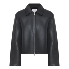 Samsoe & Samsoe black leather zip-up jacket with wide collar, boxy fit, and silver zip detail