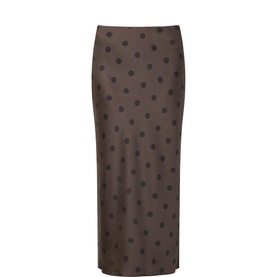 Samsoe & Samsoe midi skirt in Mulch Dott, brown polka dot print, slim silhouette, 100% polyester