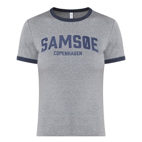 Samsoe & Samsoe mid grey marl cotton T-shirt with navy contrast trim and varsity-style logo print