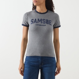 Model wearing Samsoe & Samsoe mid grey marl cotton ringer T-shirt with navy contrast trim and bold logo print, styled with blue jeans.