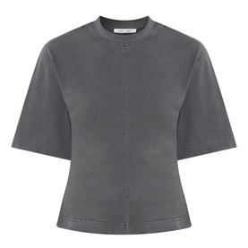 Samsoe & Samsoe black pigment cotton T-shirt with crew neck, short sleeves, and centre front seam detail