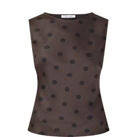 Samsoe & Samsoe sleeveless top in Mulch Dott, brown with black polka dot print, boat neckline, fitted silhouette, 100% polyester