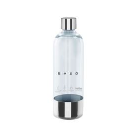 Smeg Carbonator Bottle in clear with silver lid and base, featuring SMEG branding on the front