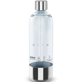 Smeg Carbonator Bottle in clear with silver lid and base, featuring Tritan Renew material icons on front
