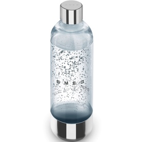 Smeg Carbonator Bottle in clear with silver base and cap, speckled graphic detail and branded logo on front