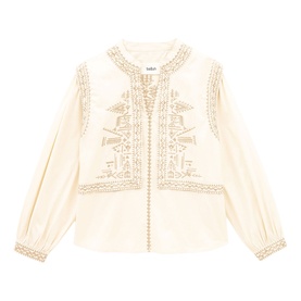 Bash cream blouse with gold embroidered folk-inspired detail, V-neckline, and blouson sleeves