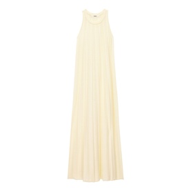 Bash cream sleeveless maxi dress with pleated skirt and scoop neckline, relaxed A-line silhouette