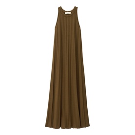 Bash brown ribbed sleeveless maxi dress with flared skirt and round neckline, ghost mannequin shot