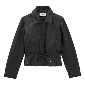 Bash black faux leather cropped jacket with drawstring waist, collar neckline, and side pockets