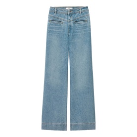 Bash blue wide-leg jeans with zip-detail pockets and contrast stitching, flat lay view