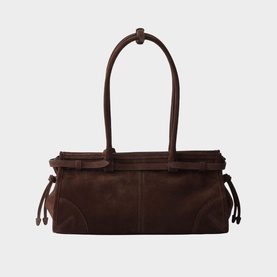 Dark brown suede tote bag with knotted top handles, drawstring side details, and structured base