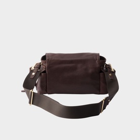 Dark brown leather crossbody bag, rear view, gold-tone hardware, wide adjustable shoulder strap