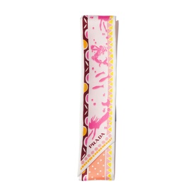 Prada Accessories yellow silk twilly scarf with pink flamingo and floral print, folded flat view