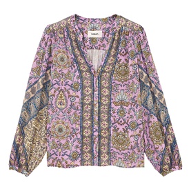 Bash purple paisley print long sleeve blouse with V-neck and ornate border detail, relaxed fit