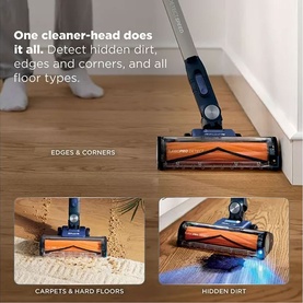 Shark PowerDetect Speed Cordless Vacuum shown cleaning edges, corners, carpets, hard floors, and detecting hidden dirt with one cleaner-head.