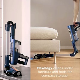 Shark PowerDetect Speed Cordless Vacuum in blue, shown upright and folded compact, with Flexology feature demonstrated near sofa