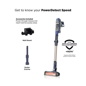 Shark PowerDetect Speed Cordless Vacuum with wall mount and duster crevice accessories, anti-allergen HEPA certification badge visible