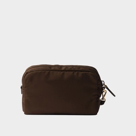 Dark brown nylon cosmetics pouch with gold-tone zip pull and lobster clasp, rectangular shape with quilted texture