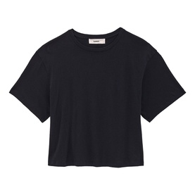 Bash cropped crew neck T-shirt in blue, short sleeves, relaxed fit, flat lay product shot