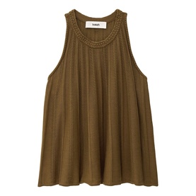 Bash brown sleeveless knit tank top with pointelle texture detail and relaxed A-line silhouette