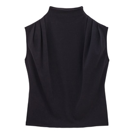 Bash sleeveless top in blue with mock-neck collar and draped front detail, structured silhouette