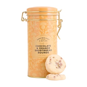 Cartwright & Butler Chocolate & Orange Shortbread Rounds in gold clip-top tin with biscuits displayed alongside