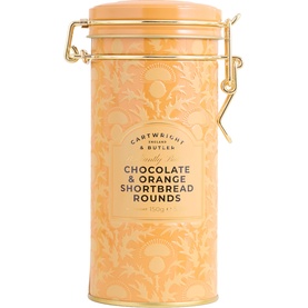Cartwright & Butler Chocolate & Orange Shortbread Rounds in a gold floral embossed tin with clip-top lid